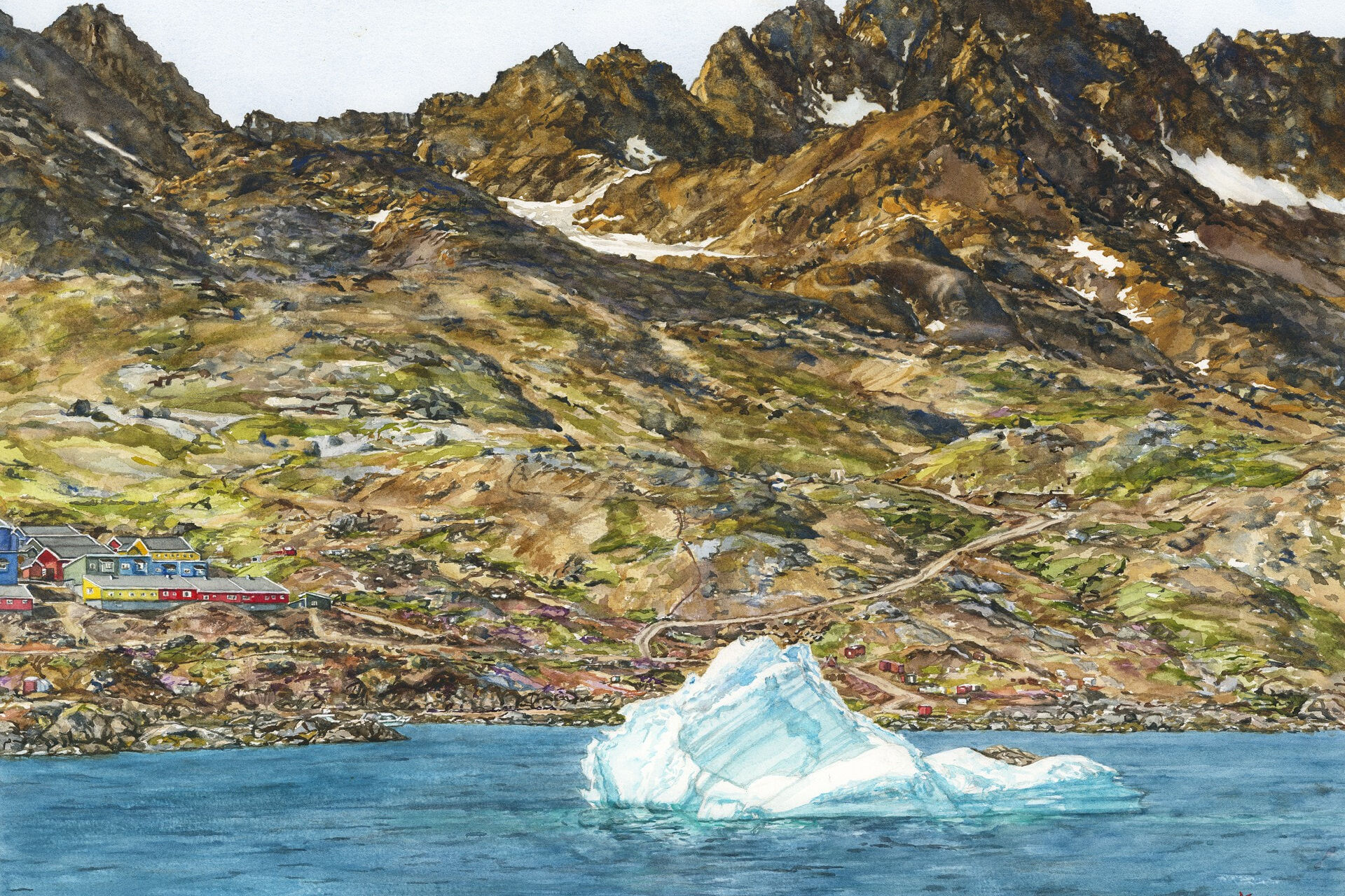 ​​Iceberg departing Tasiilaq with visible roads 2021 46 x 61cm Watercolour