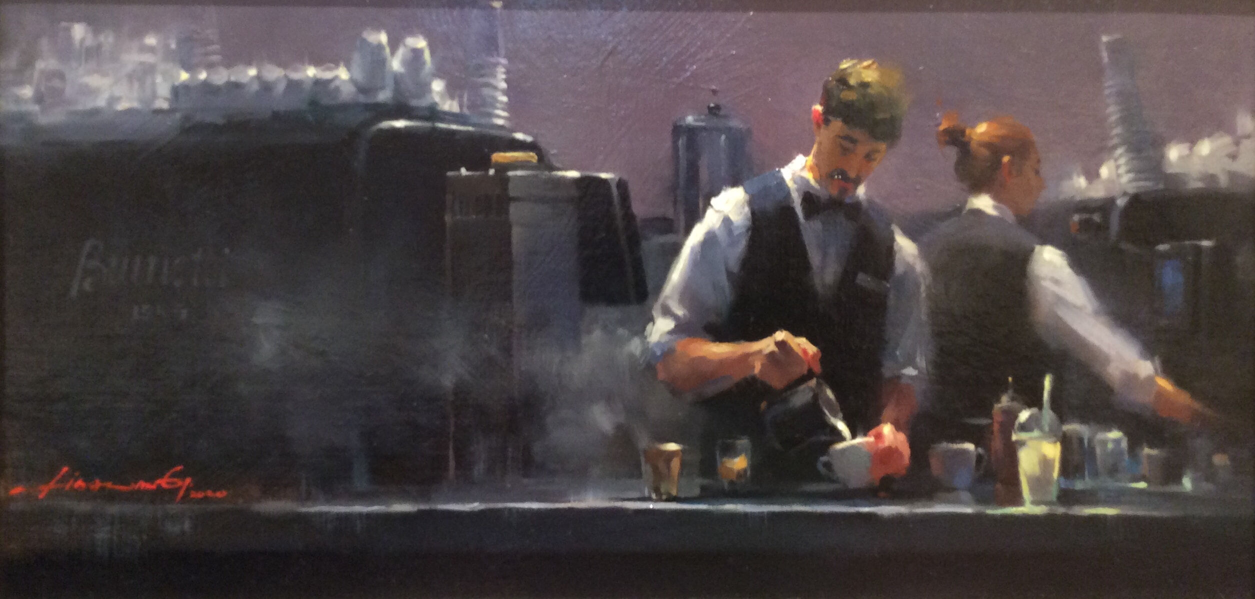 'Baristas at Brunetti, Melbourne' oil on canvas by Lisa Wang - Highly Commended Award