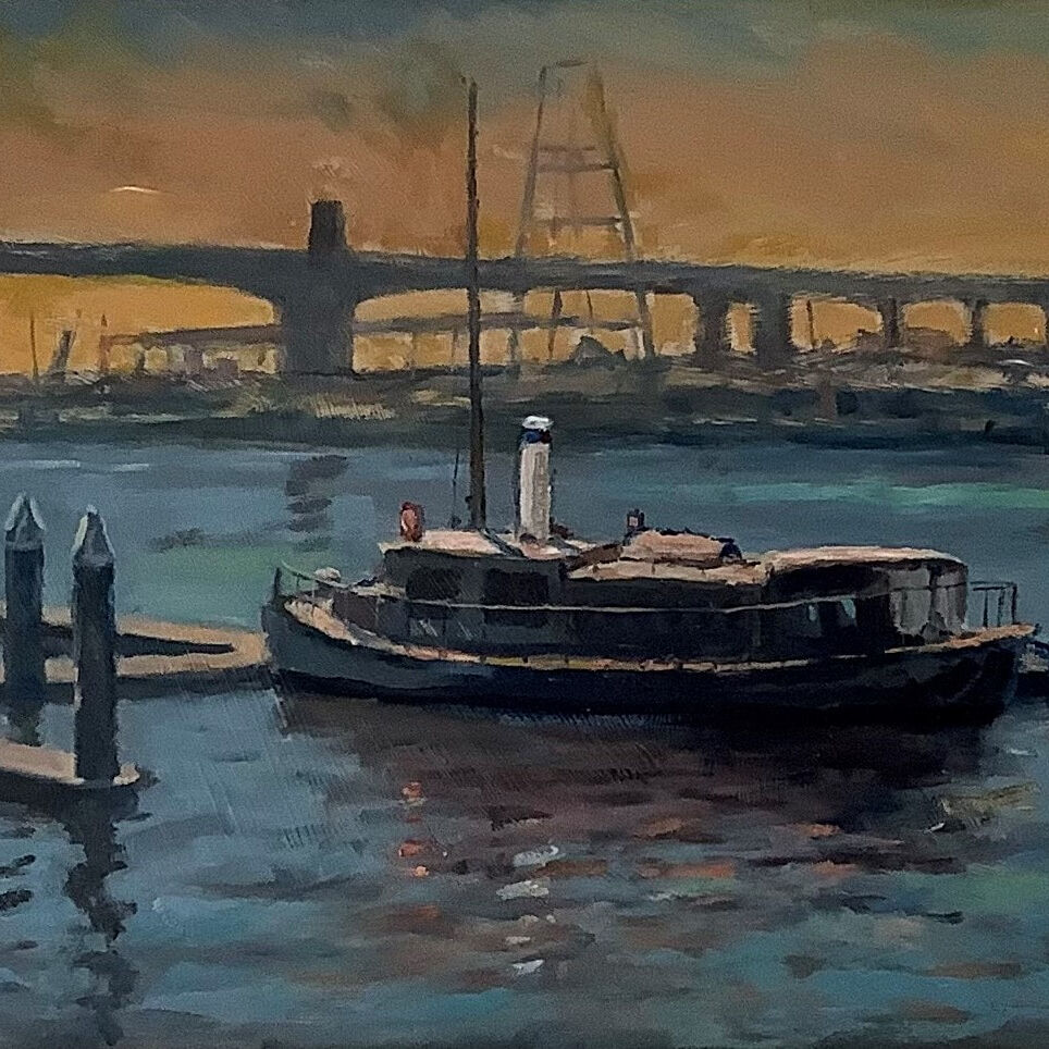 Small Boat at Docklands oil on Canvas Board w52xh42