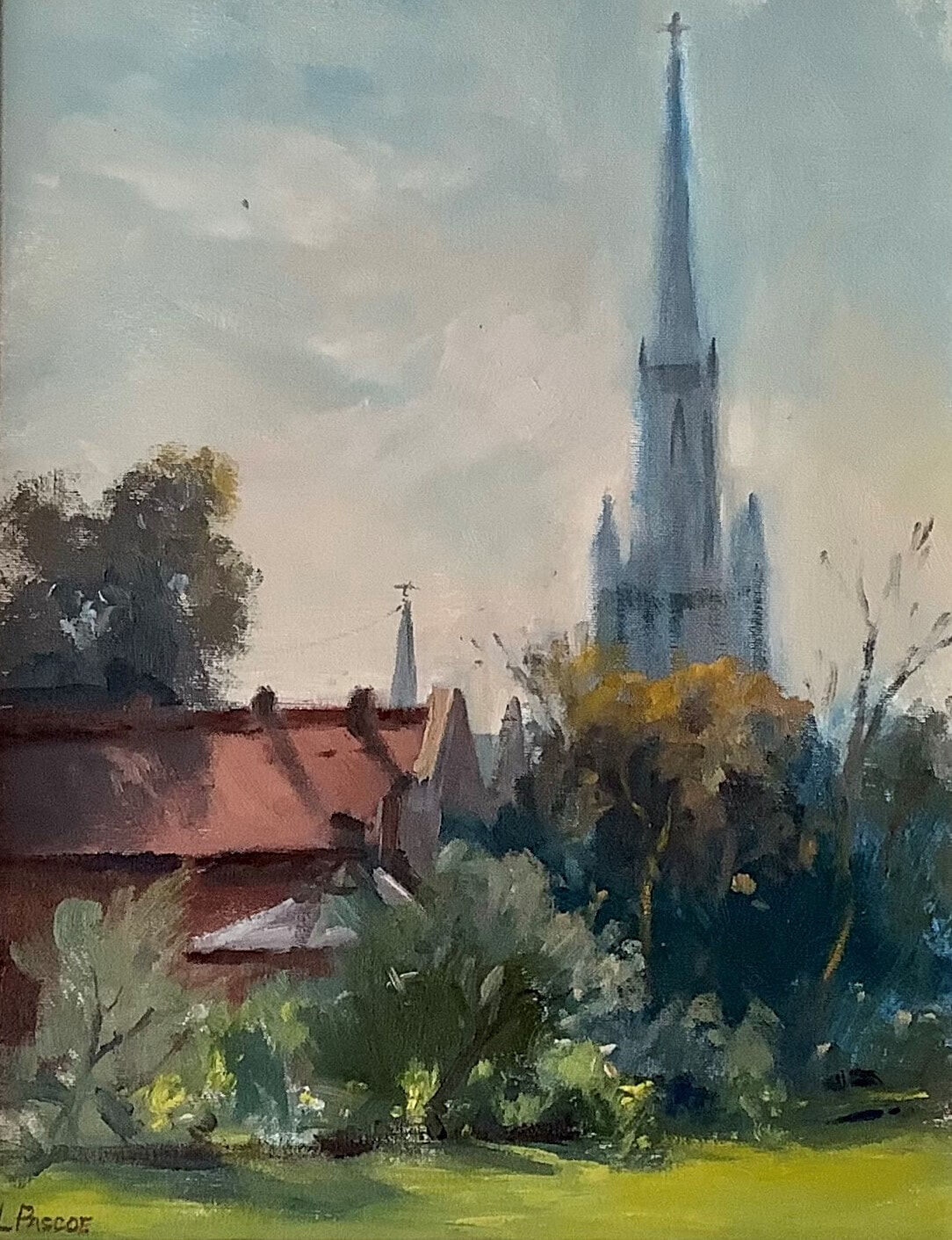 View of Church Steeple Vic Parliament Gardens Oil On Canvas Board w49xh59