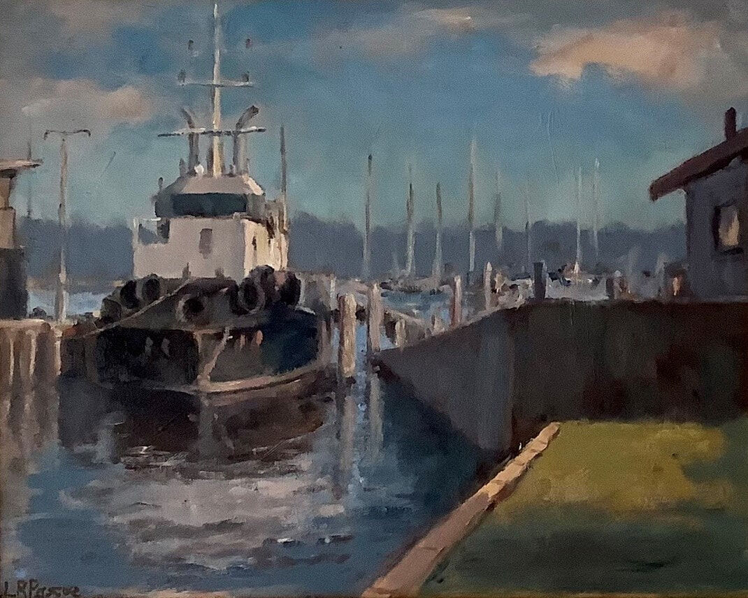 Tugboat At Lakes Entrance, Oil On Canvas Board, w64xh53