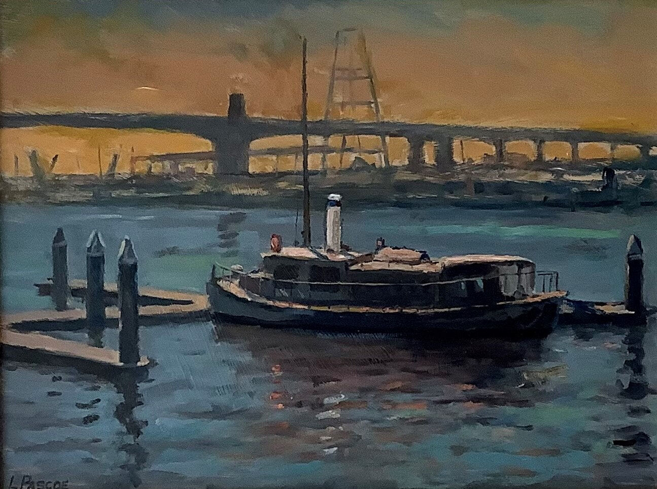 Small Boat at Docklands oil on Canvas Board w52xh42