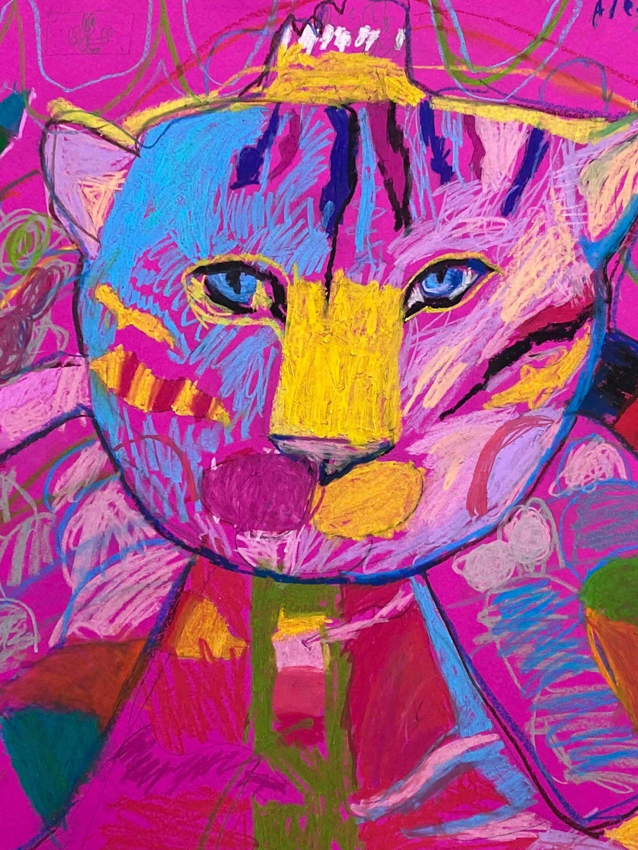 Portrait of a tiger. Oil pastel on coloured paper.