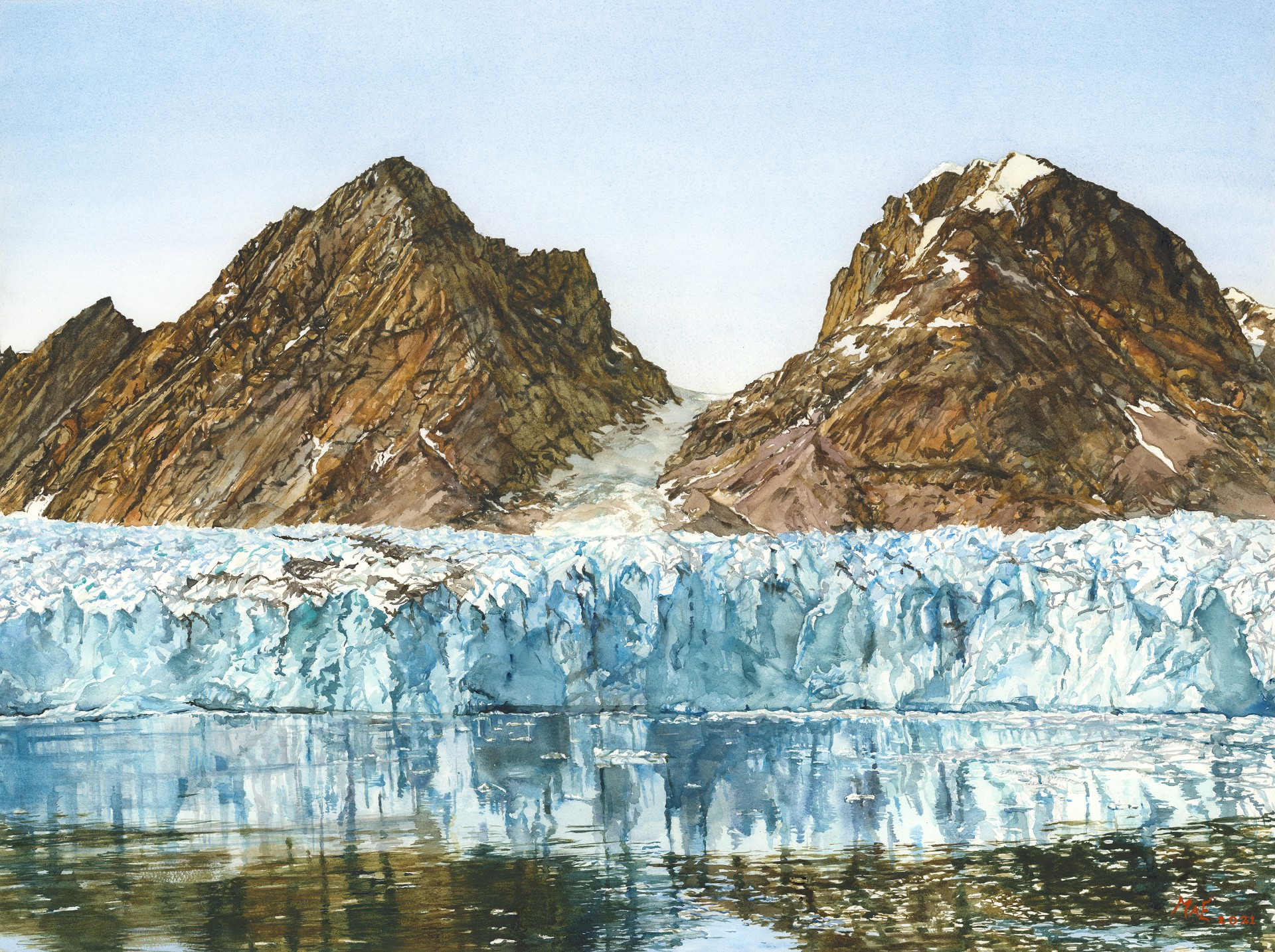 The magnificent 50 metre high Thrym Glacier, Skjoldungen Fjord in South East Greenland 2021 58 x 76cm Watercolour