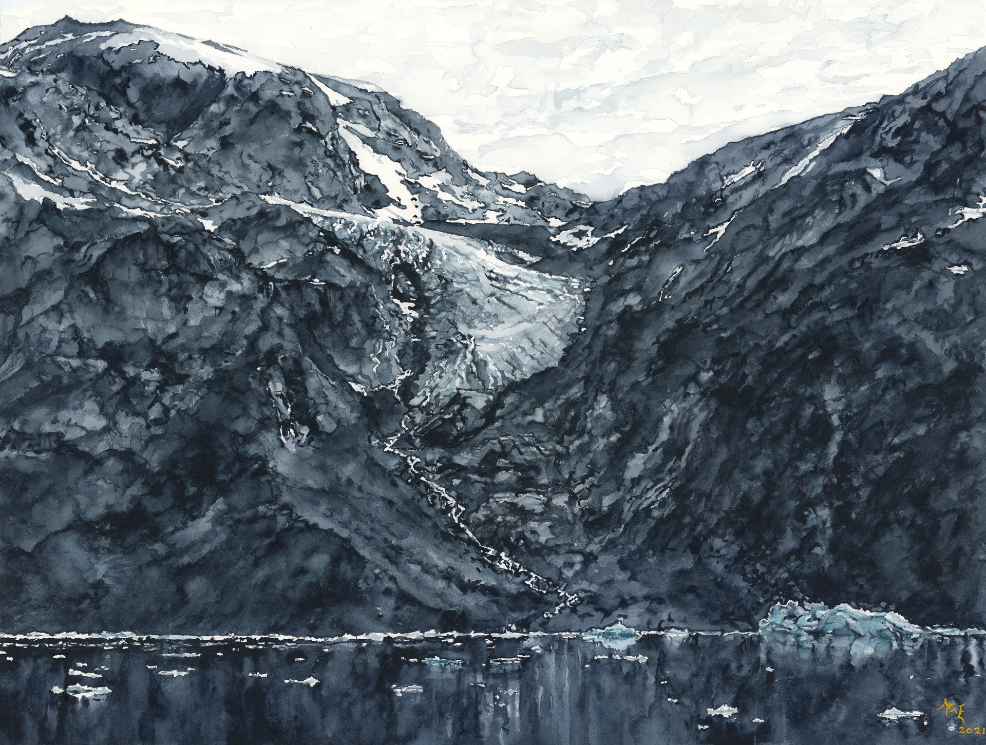 Retracting Galcier, Skjoldungen Fjord in South East Greenland 2020 58 x 76cm Watercolour
