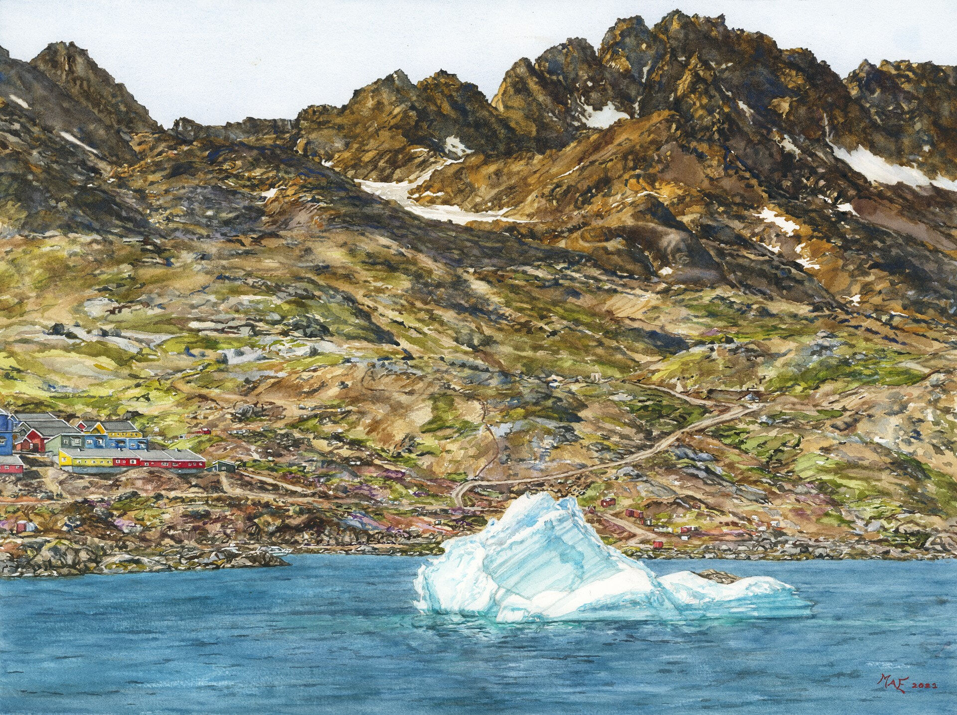 ​​Iceberg departing Tasiilaq with visible roads 2021 46 x 61cm Watercolour