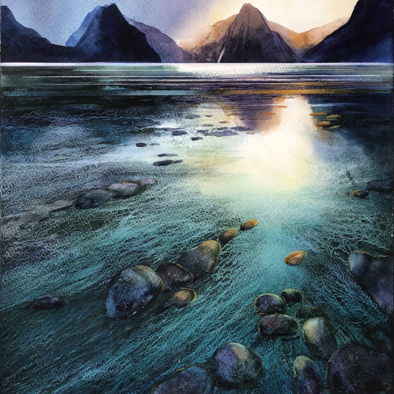 SUNRISE OVER MILFORD SOUND NEW ZEALAND_Watercolour by Yesim Gozukara